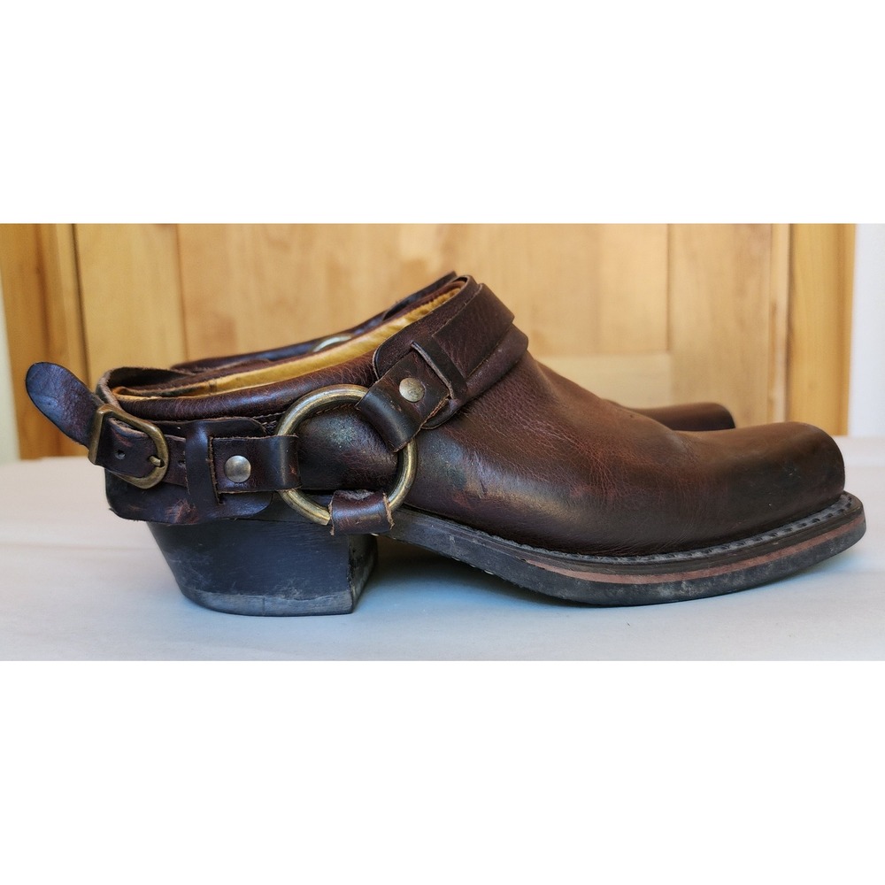 Frye Carson Sz 7 Brown Leather Belted Harness Mules Vintage Western Cowgirl
